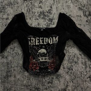 Fashion Nova Black Lace Sleeve Crop Top with Eagle & Rose Graphic